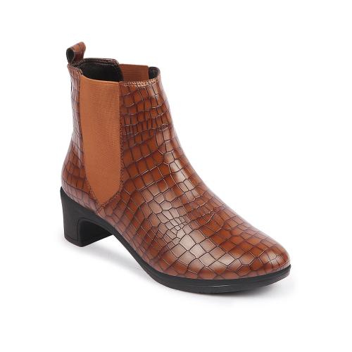 FAUSTO Women Tan Flared Heel High Ankle Leopard Print Embossed Design Chelsea Boots