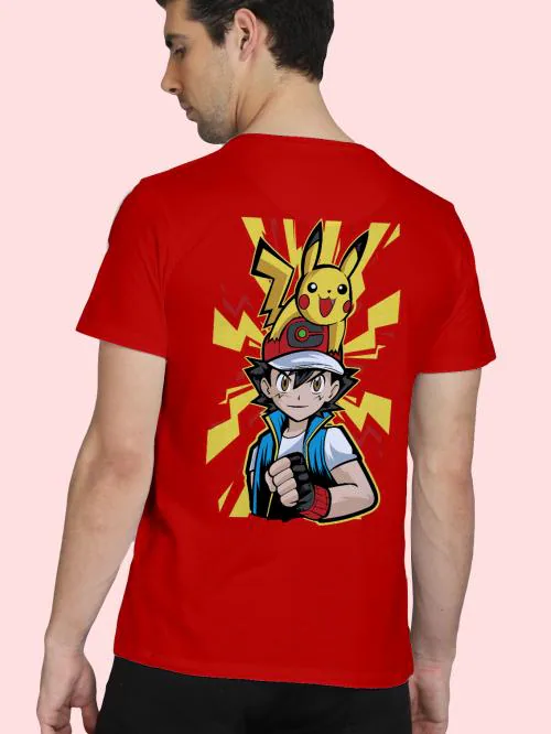 BLISSINK Pokemon Front And Back Printed Red Cotton Tshirt for Men