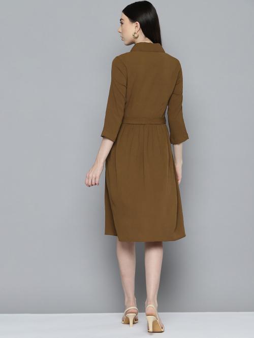 Wisstler Women Bronze Color Solid Shirt Dress With Belt