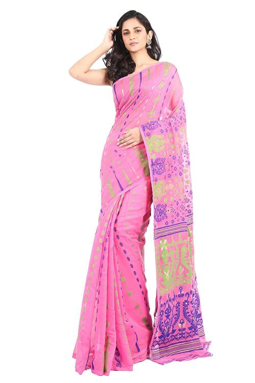 Sweta Women Pink Cotton Blend Gyena Jamdani Saree