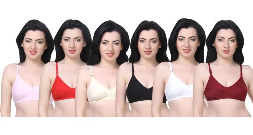 Lady One Women Multicolor Cotton Blend Pack Of 6 T-Shirt Non Padded Bra (36)