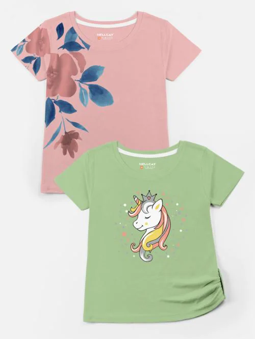 HELLCAT Trendy Pink & Green Printed Round Neck / Boat Neck / Fashion Neck with Half Sleeve / 3/4th Sleeve / Full Sleeve Tshirts for Girls | Non Returnable - Pack Of 2
