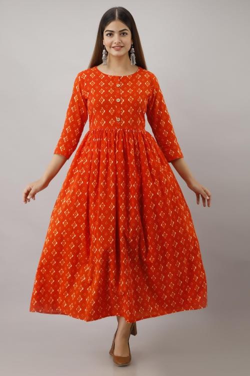 Kimayra Orange Womens Pure Cotton Floral Print Printed A-Line Kurta