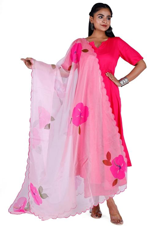 KARA ART HOUSE Women Light Pink, Pink Floral Organza Floral Dupatta