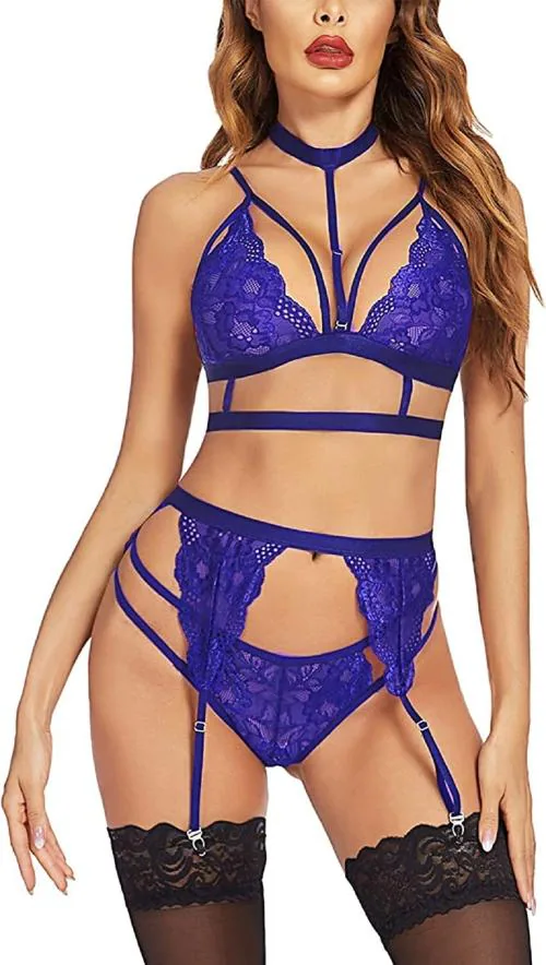 SKMODEL STYLISH Women Hot & Sexy Lingerie Lace Bra Top Mini Sets Nightwear Dress Baby Doll (Blue,L)