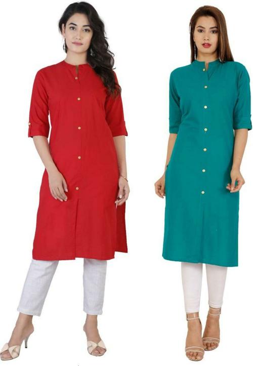 M Lala Fashion Women Red and Green Solid Pure Cotton Straight Kurta - M (Pack of 2)