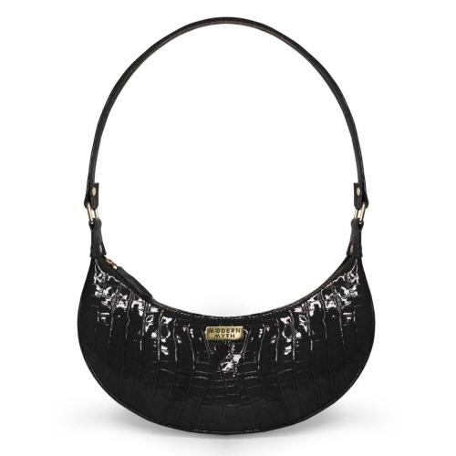 Black Croco Half Moon Baguette Shoulder Bag