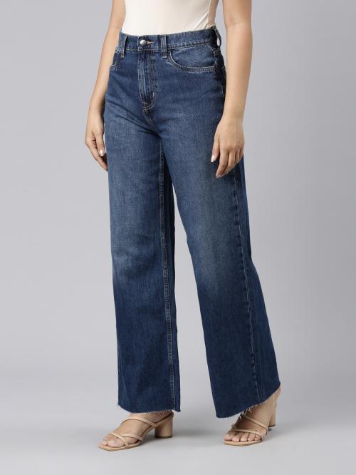 Women Solid Blue Denim High Rise Wide Jeans
