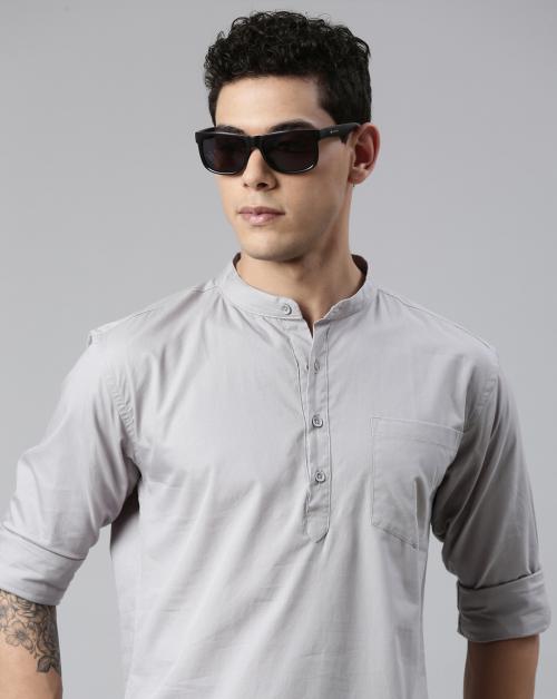 Kryptic Mens Grey Solid Cotton Short Kurta