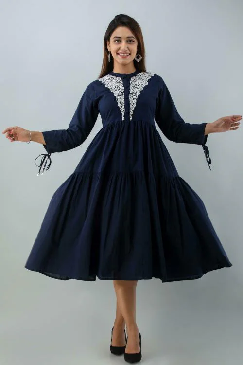 Fashion Dwar Women Blue Embroidered Pure Cotton Gown Dress (L)