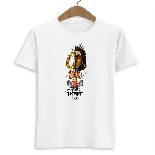 Komy Polyester Fabric White Color Bhole Baba, Om Namah Shivay, Lord Shiva Printed Tshirt for Mens & Womens -L