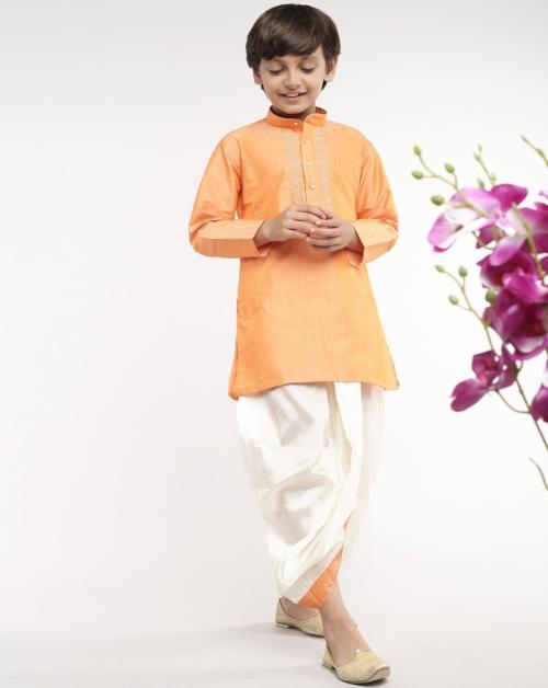 RAMRAJ COTTON Boys Art Silk Orange/Cream Solid Kurta & Panchakacham Dhoti Set