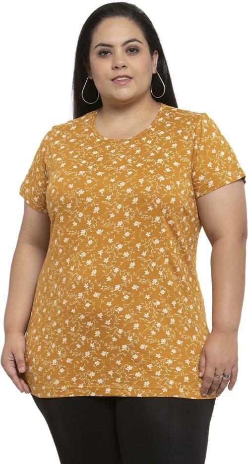 Pluss Women Yellow Printed Pure Cotton Round Neck T-Shirt (7Xl)