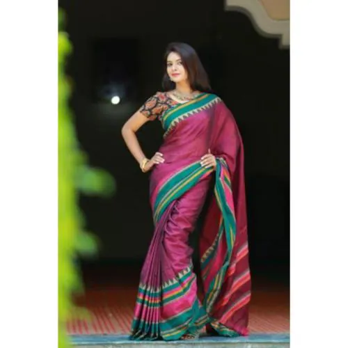Neyge Ilkal Narayanpet Pure Cotton Handloom Skirt Temple Border Stripe Pallu Saree in Mejanta