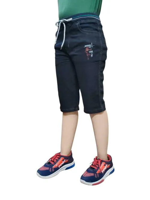 OXTRAP Boys Three Fourth Shorts, Capri Below Knee Length, Drawstring Elastic Waistband, Stretchable Cotton Denim, Regular fit (Black, 7-8 Years)
