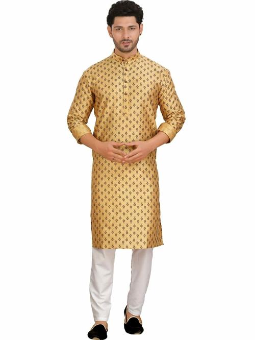 Encino Mens Cream Printed Silk Jashn Collection Kurta Suit