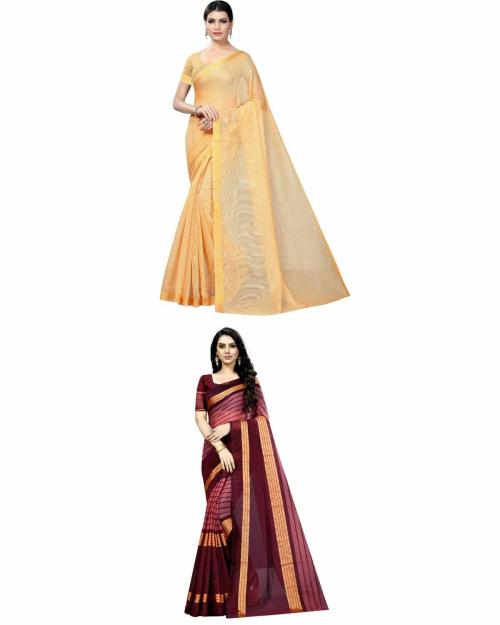 Vkaran Women's Beige & Maroon Colour Cotton Silk Saree With Blouse pack of 2