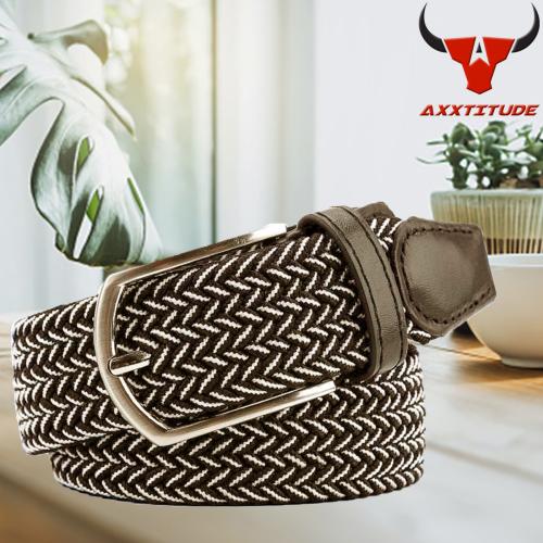 AXXTITUDE Men's Casual/Formal Canvas Braided Elastic/ Stretchable Women Belt (Brown & White)