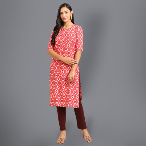 1 Stop Fashion Women's Crepe Peach Color Block Printed Straight Kurti