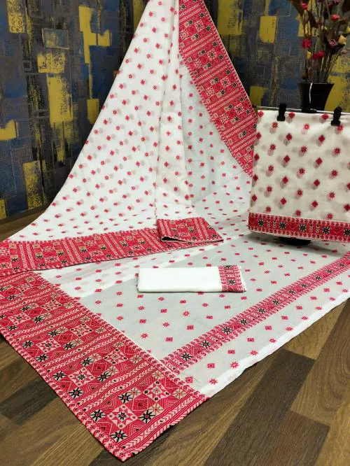 61&7 NX Embroidered Dokhona Cotton Blend Saree (White)