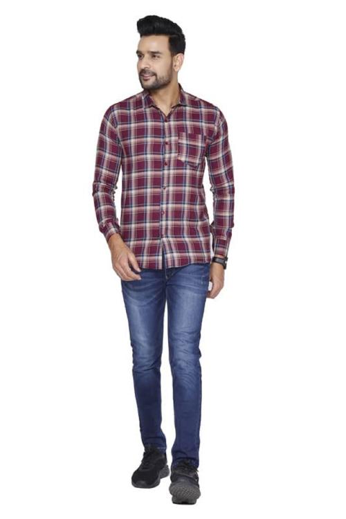 VINEBURRY Men's Plaid Maroon Check Cotton Casual Shirt Full Sleeves Formal Check Shirt