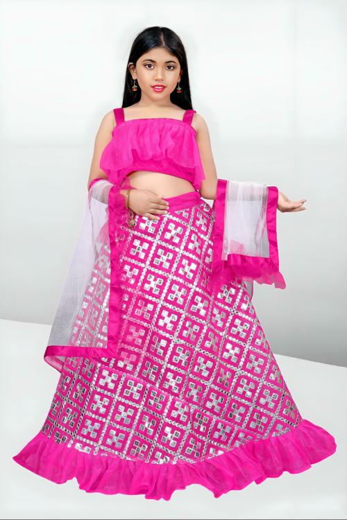 OWNATION FASHION Baby Girls Pink Embellished Net, Tissue Girls Lehenga, Choli And Dupatta Set