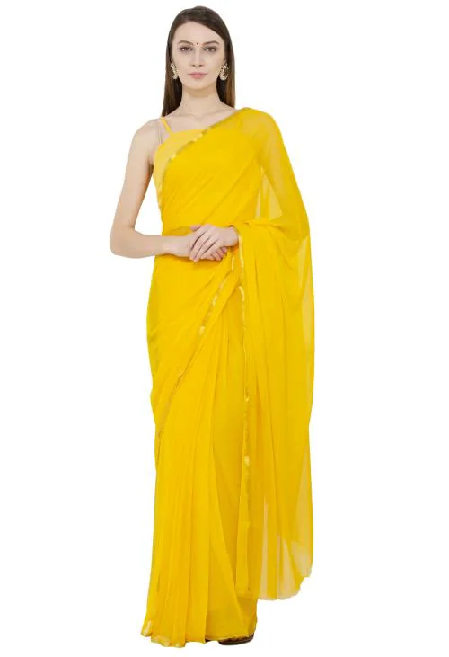 Bunny Creation Yellow Chiffon Solid/Plane Saree With Unstiched Blouse Piece