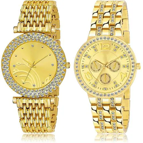 NEUTRON New Model Chain Bracelet Diamond And Chronograph Chain Gold Colour Analog Metal Belt 2 Watch Combo For Women And Girls - G574-G627