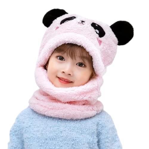 Tricky Shopper Cute Panda Cartoon Monkey Cap for Girls and Boys Age - 6 Years to 12 Years Free Size Plush Wool Winter Cap Neck Scarf (Pink Color)