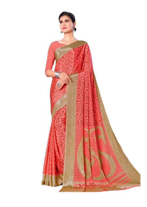 Turkey Silk Peach & Golden Color Design Printed Indian Sarees for Women with Unstitched Blouse (6.30m)