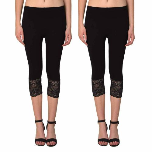 Pixie Skinny Fit 3/4 Lace Capri Leggings for Women Combo Pack of 2 - (Black and Black)