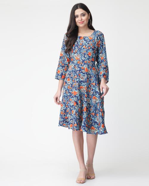 Miss Ayse Women's Crepe Fabric Blue Color Floral Printed A-line Short Dress For Women