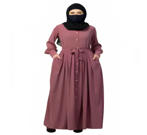 TRENDY FRONT OPEN PINK NIMRA ABAYA BURQA WITH BELT