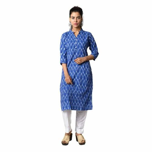 Mighty Threads Womens Blue Ikat Cotton Kurta - L