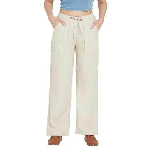 Go Colors Women Beige Linen Pants (L)