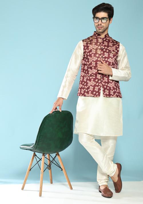 Aany's Culture Maroon Floral Pattern Polyester Wedding Nehru Jacket (Koti) XL