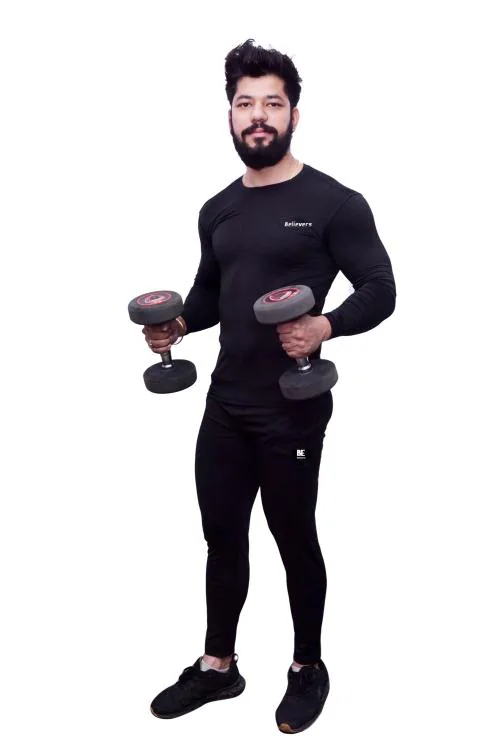 FITMEE BE BELIEVER Black Men's Sports Running Set Shirt Pants Skin Tight Long Sleeves (Set of 2)