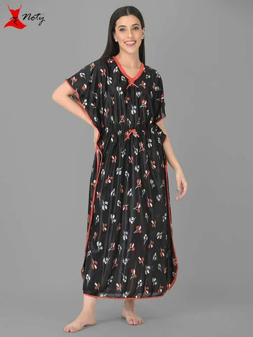 Noty Women's- Kaftan/Nighty/Maxi/Gown- Satin Fabric- Plant Print, Long Cut (Black, Free Size)