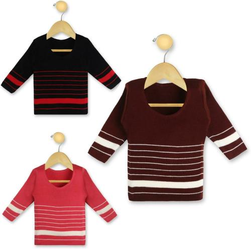 Knitco Baby Boys and Baby Girls Black, Brown, Pink Striped Acrylic Blend Pack of 3 Sweater Multicolor 3-6 M