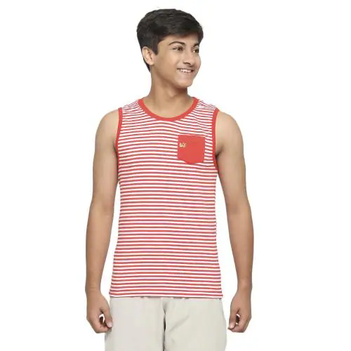 Frenchie U19 Cotton Vest | Striped Cotton Lycra Innerwear For Teenagers | Gym Vest/Tank Top/Sporty/Innerwear for Boys (Red)