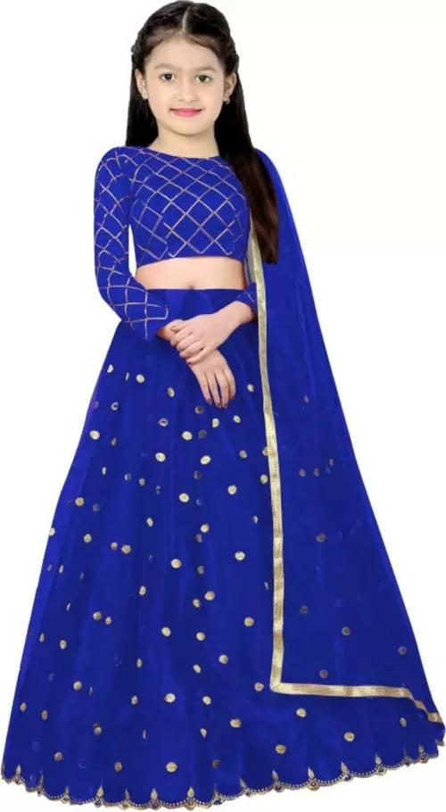 Vajiba Girls Blue Embroidered Net Ghagra With Choli And Dupatta (4-5 Years)