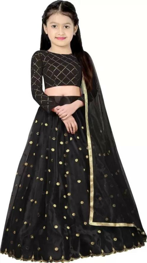 Vajiba Girls Black Embroidered Net Ghagra With Choli And Dupatta (9-10 Years)