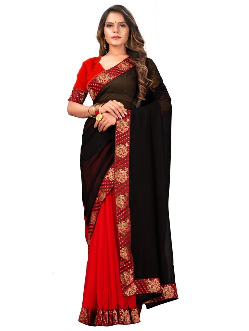 sadika women's solid plain daily wear black-red georgette half-half saree