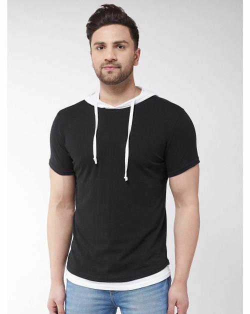 Gritstones Solid Men Hooded Neck Black, White T-Shirt