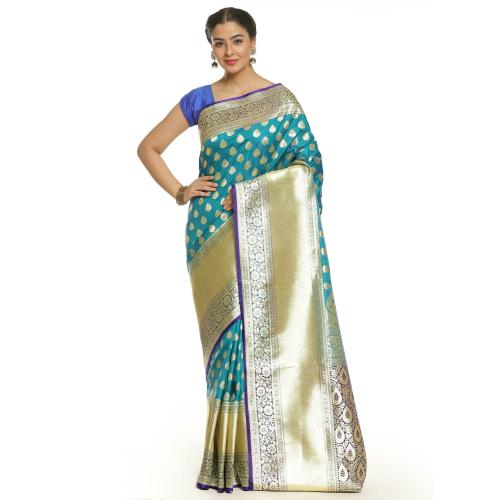 PTIEPLBanarasi Silk Works Women's Blue Satin Banarasi Skirt Saree