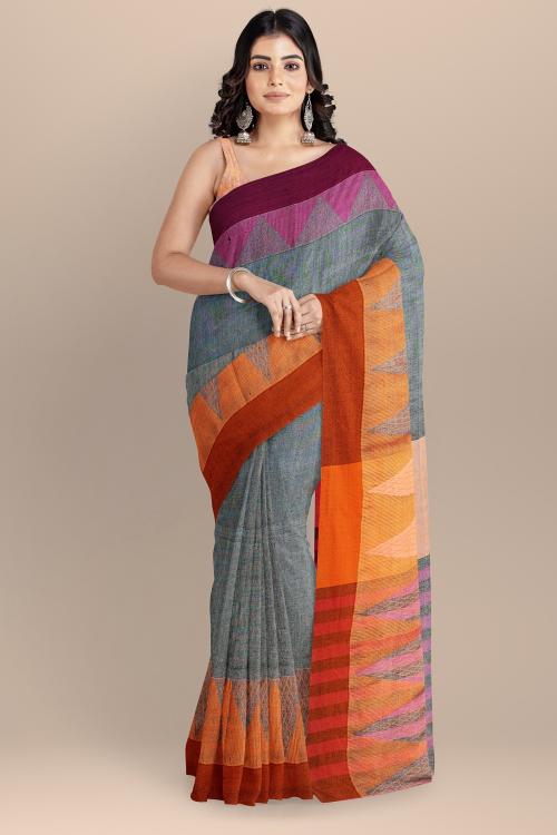 SLAGHA Women's Woven Traditional Bengal Tant Template Bordered Cotton Blend Saree With Blouse