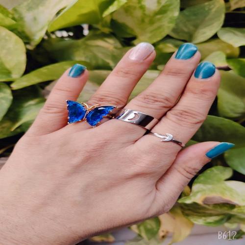 Pinapes Dark Blue Crystal Butterfly With moon Silver Couple Rings