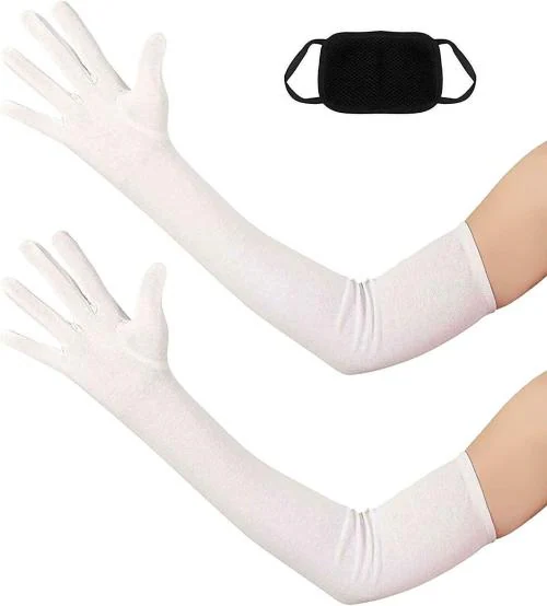 UPAREL White Women Cotton 1 Pair Full Hand Gloves With Black Mask