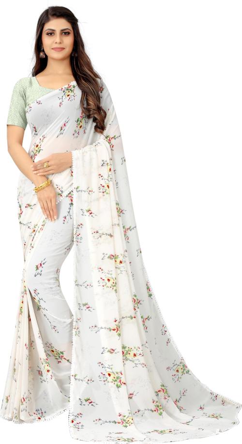 Mansh the stylo..Women White Floral Print Georgette Daily Wear Saree