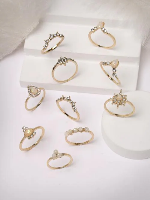 Scintillare by Sukkhi Decorative Gold Plated Midi Finger Rings 10 Pcs Combo Jewellery for Women & Girls | Boho Midi Stackable Knuckle Rings|CBR106810